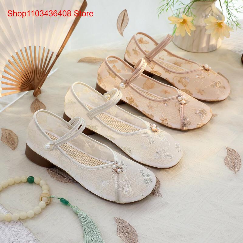 Embroidery Canvas - Sepatu Hak Rendah Jaring Baru dengan