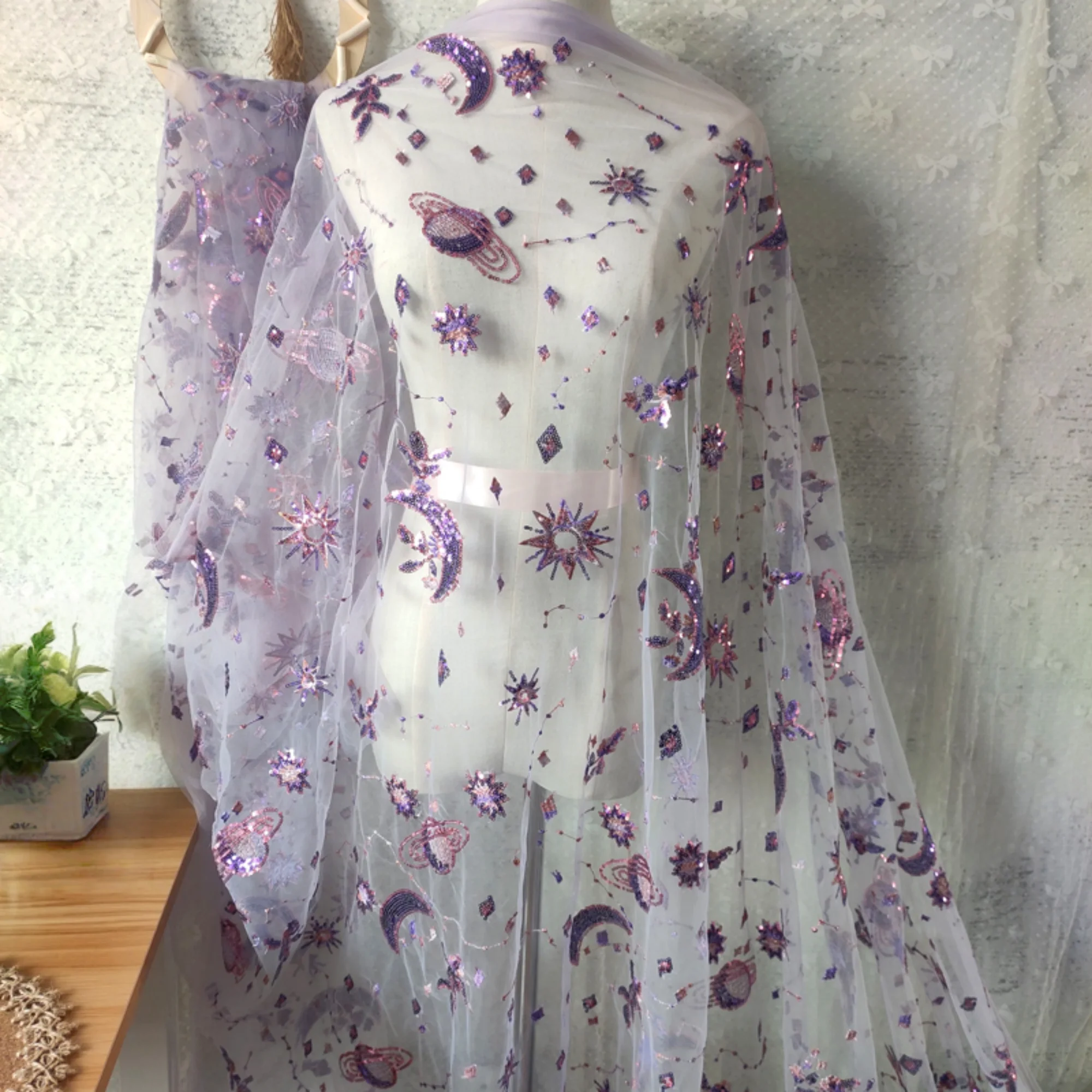 Embroidery Net Fabric - Kain renda ungu lebar 0,5 meter,