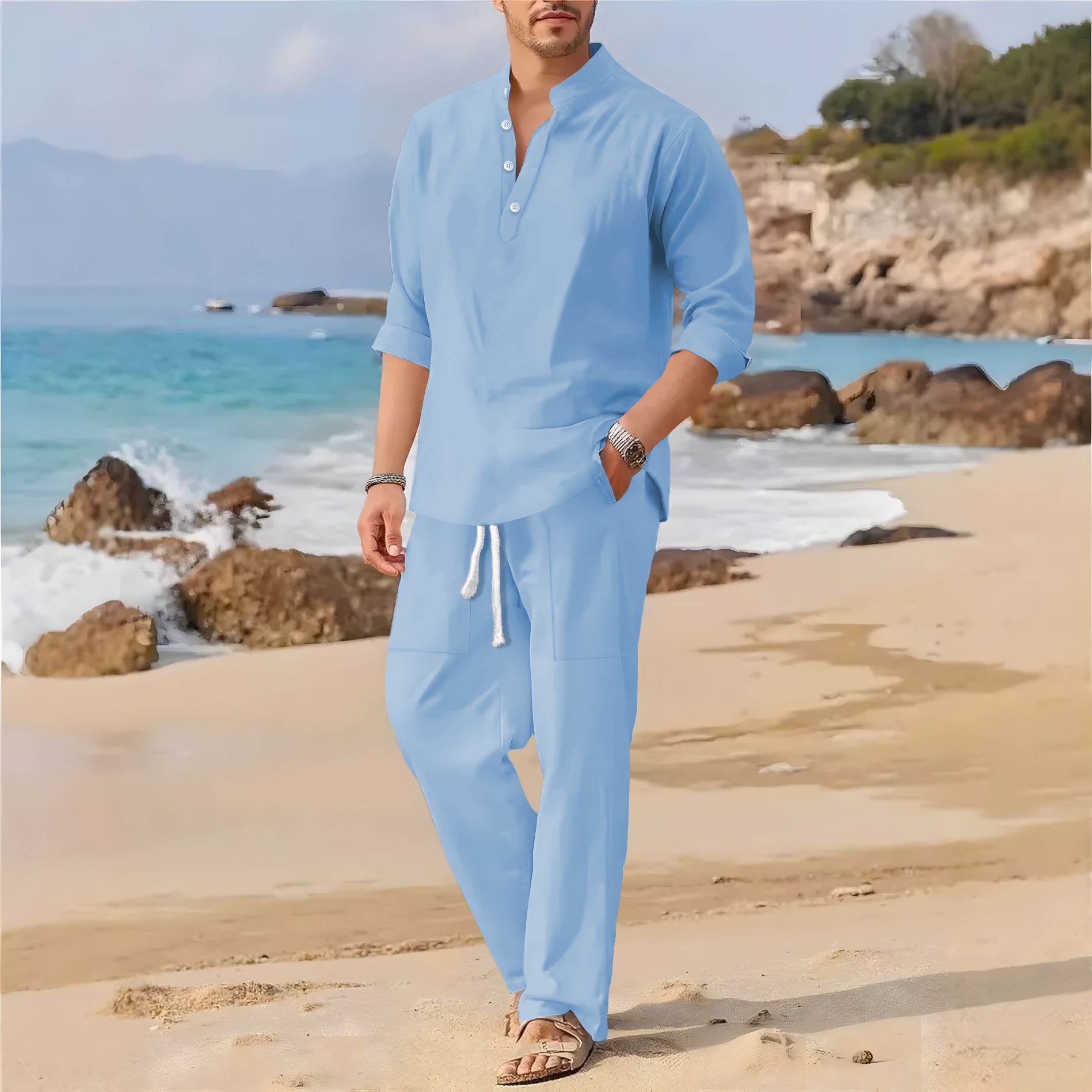 Linen Fabric Natural - Setelan kasual pria berkerah tegak berbahan