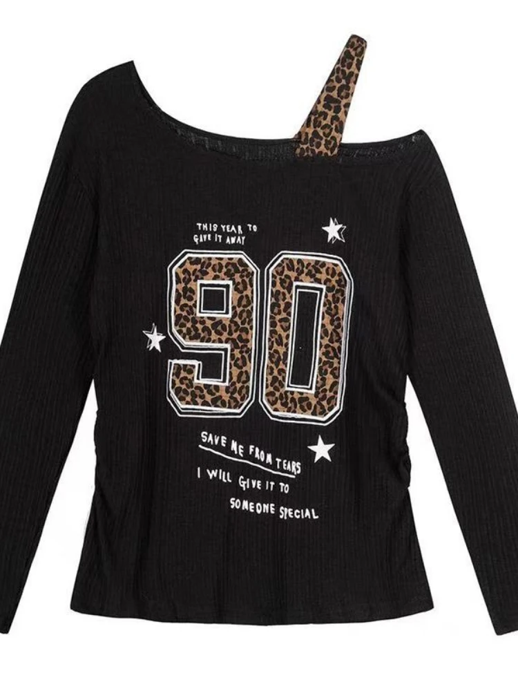 Embroidery Shirt - Kaos Leopard Print Patchwork Y2K Wanita,