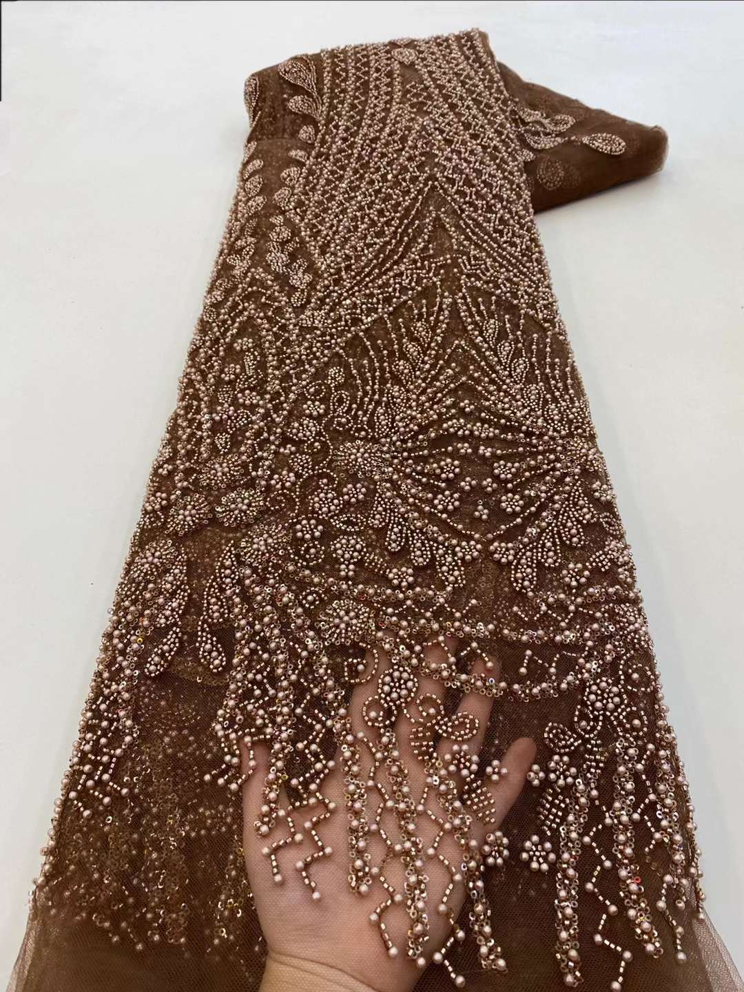 Embroidery Net Fabric - Kain renda bordir manik-manik payet coklat