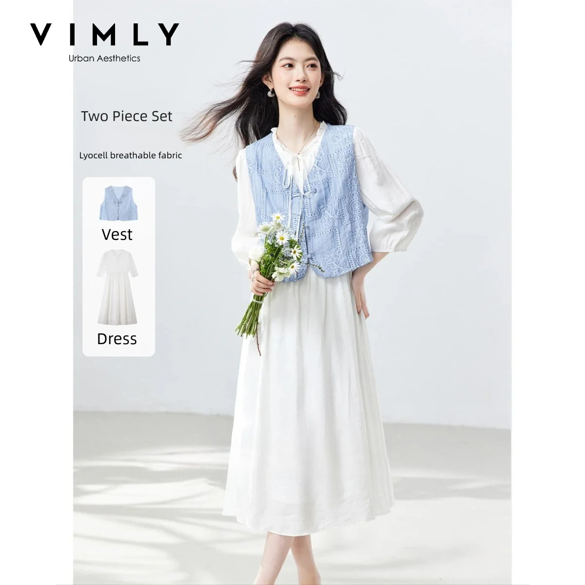 Embroidery Vest - VIMLY Setelan Dua Potong Wanita Kasual