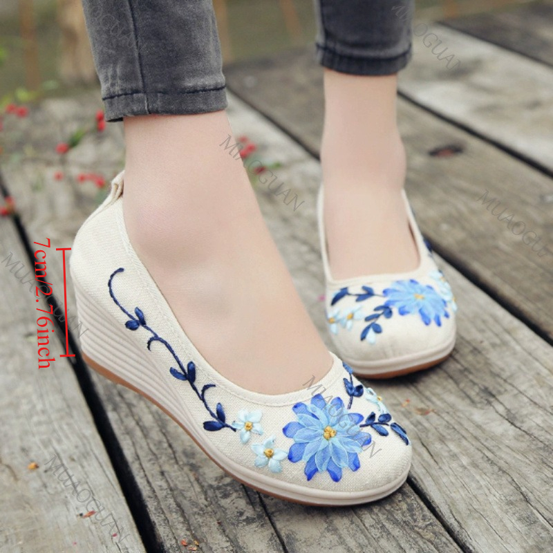 Embroidery Canvas - Sepatu Platform Wedge Nyaman Wanita Bordir,