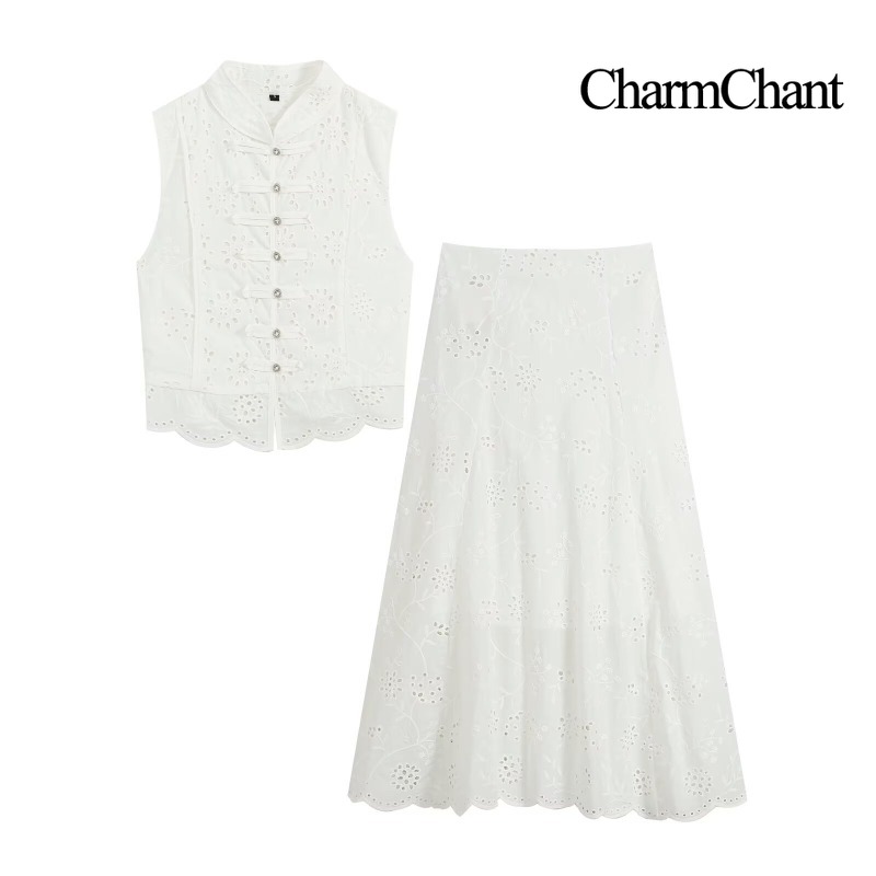 Embroidery Vest - CHARMCHANT Setelan Dua Potong Bordir Eyelet