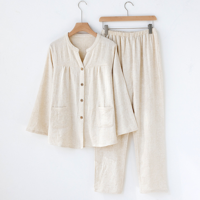Linen Fabric Natural - Piyama Wanita Gaya Jepang Kerah V