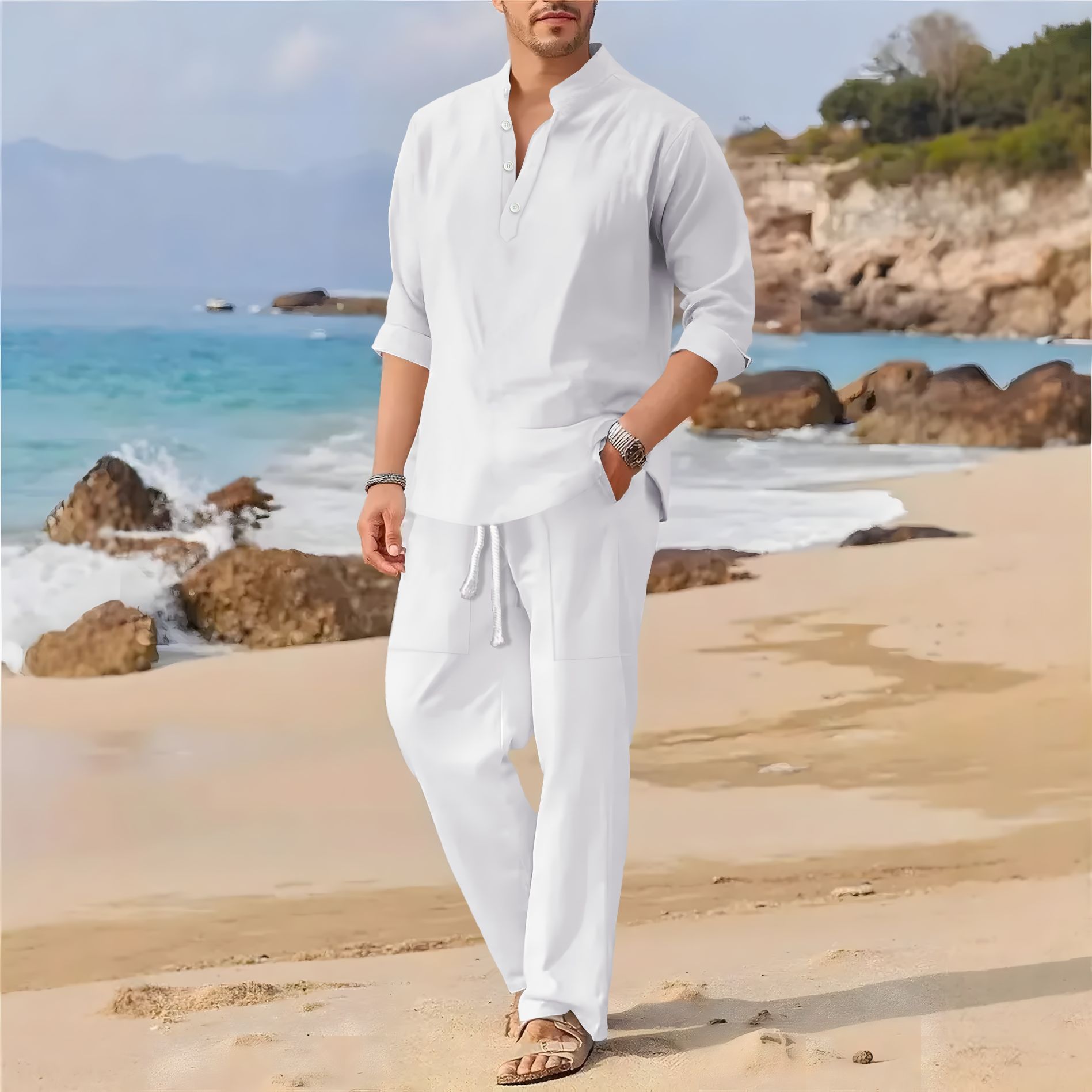 Setelan kasual pria berkerah t - Linen Fabric Natural ulasan dan harga