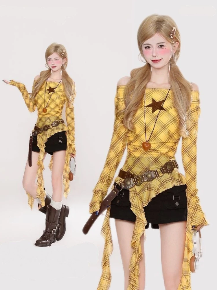 Kaos Vintage Y2K Plaid Slash N - Embroidery Shirt ulasan dan harga