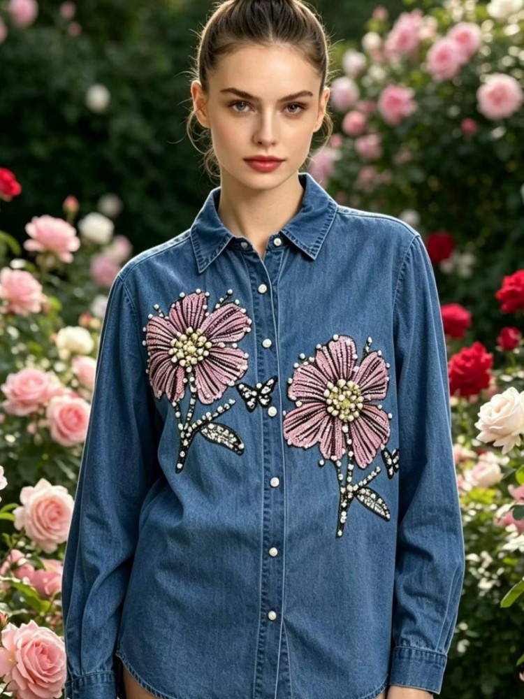 Blus Bordir Denim Wanita Kemej - Embroidery Shirt ulasan dan harga