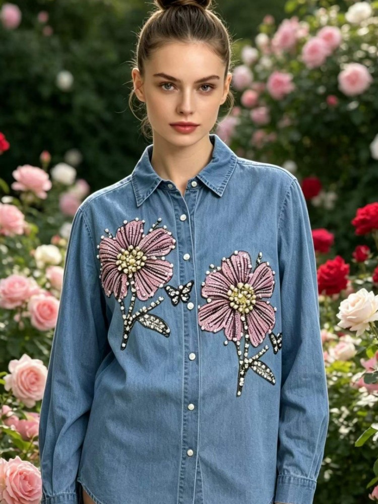 Blus Bordir Denim Wanita Kemej - Embroidery Shirt ulasan dan harga